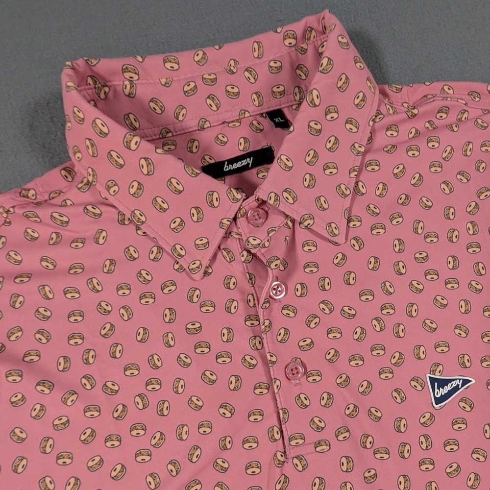 Breezy Golf Polo Mens XL Pink Breakfast Sandwich Print Short Sleeve Shirt